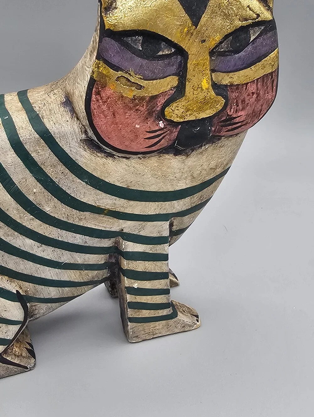 Vtg Indonesian Bali Thai Folk Art Carved Wood Cat Figurine Hand Painted Cheshire